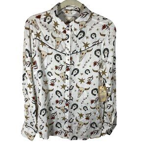 Cotton Rye Pearl Snap Cowpoke Blouse Women S Cream Long Sleeve Lightweight New